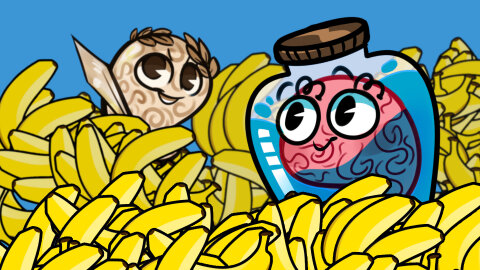 Cartoon characters Jar Brain and History Brain in a pile of bananas