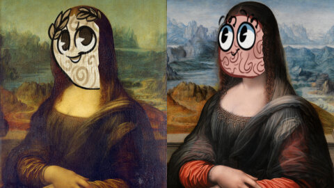 Mona Lisa and Prado Mona Lisa with horrifying Decipher Media cartoon brain faces