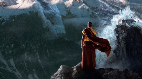 A Tibetan monk on a mountaintop oberserving massive global flooding