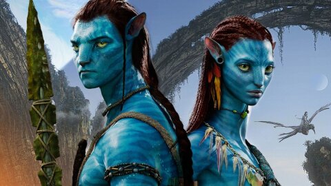 Two blue cat people, Avatar movie backdrop