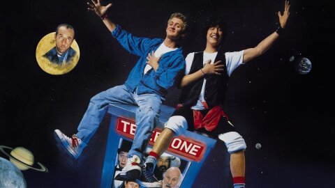 Bill and Ted sitting atop a flying phonebooth time machine