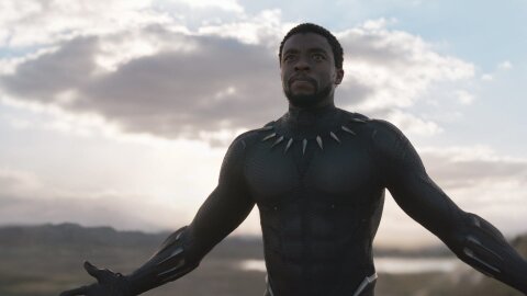 Black Panther, his arms wide.