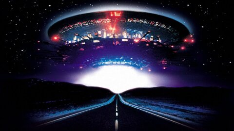 Classic UFO over an empty road - Close Encounters movie backdrop
