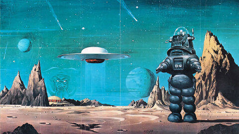 Forbidden Planet robot on alien landscape movie backdrop