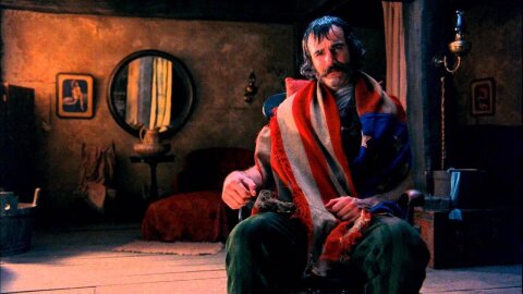 Bill the Butcher draped in an American flag, Gangs of New York movie backdrop