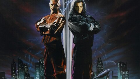 Connor MacLeod and Sean connery standing with swords and lightning over dystopia..?