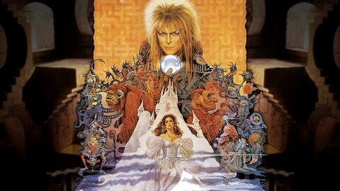 David Bowie holding his balls over all of the characters from Labyrinth, movie backdrop