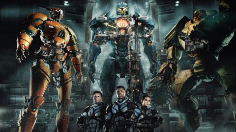 Robots and robot-riders, but some different ones this time, standing dramatically. Pacific Rim Uprising movie backdrop.