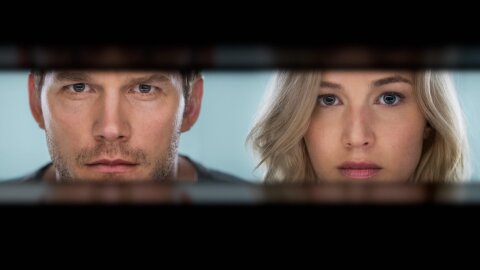 Chir sPratt and Jennifer Lawrence gazing through a slit Passengers movie backdrop