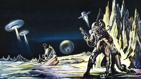 Robinson Crusoe on Mars in a spacesuit helping a 'native' man. Also there are flying saucers? Robinson Crusoe on Mars movie backdrop.