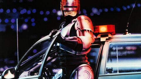 Robocop getting out of the cop car movie backdrop
