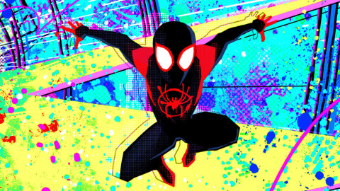 Miles Morales jumping out of a brilliant pop-art background