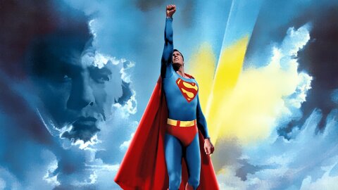 Christopher Reeves Superman flying straight up and also Marlon Brando's ghost is there