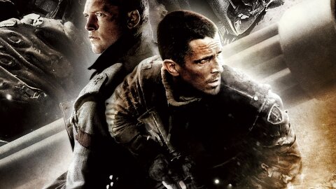 john Connor and another guy in the future where robots are trying to exterminate humanity