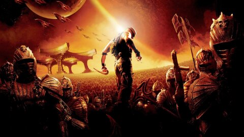 Riddick standing dramatically over an army of Necromongers