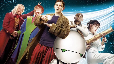 Arthur Dent and friends assembled in movie-poster fashion.