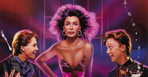 Two dudes being surprised by an attractive conjured woman Weird Science movie backdrop