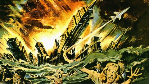 1950-s style painting of people running away from an exploding city