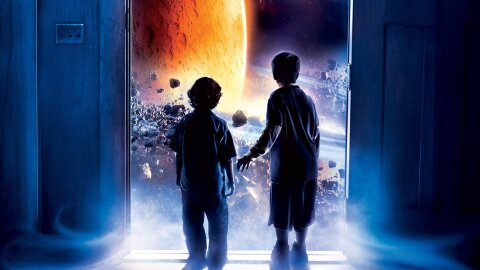 Two boys gazing wonder at outer space through their front door, Zathura movie backdrop