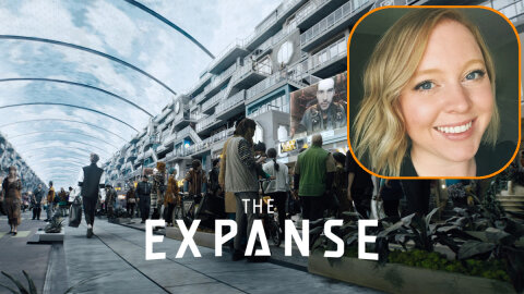 Cailin Munroe VFX supervisor superimposed over a scene from The Expanse