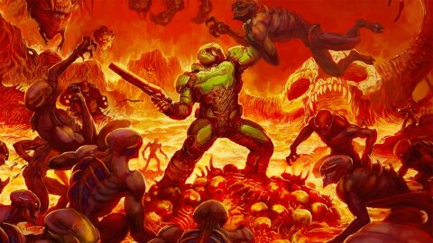 Doom Guy kicking demon butts, Doom game backdrop