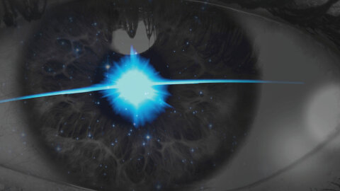 Starburst lens flare on an eyeball Seveneves book backdrop
