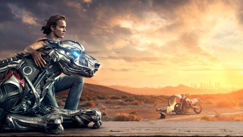 A boy and his robo-dog. AXL movie backdrop.