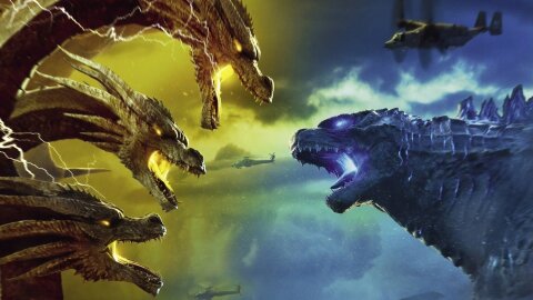 Scary Godzilla facing multiple dragon-heads