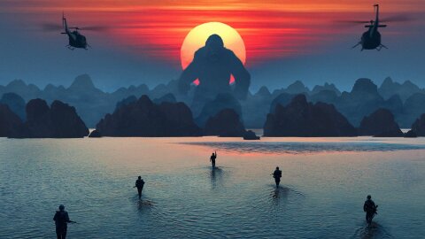 Kong silhouette approaching soldiers and helicopters and it's beautiful, movie backdrop