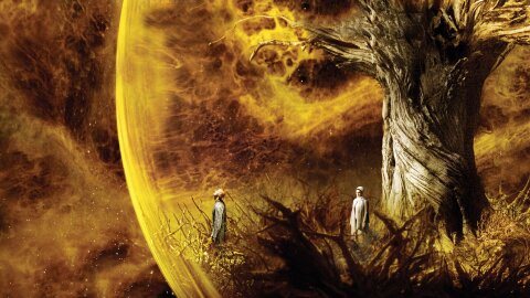 Bald Hugh Jackman in a floating tree ball in space with Rachel Weiss The Fountain movie backdrop