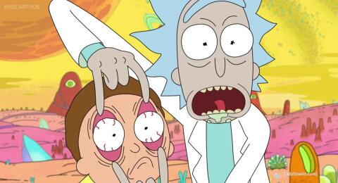 Rick holding open Morty's eyelids Rick & Morty backdrop
